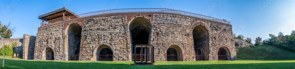 View of the ruined Scranton Iron Furnaces stone facade in Pennsylvania View of the ruined Scranton Iron Furnaces stone facade in Pennsylvania