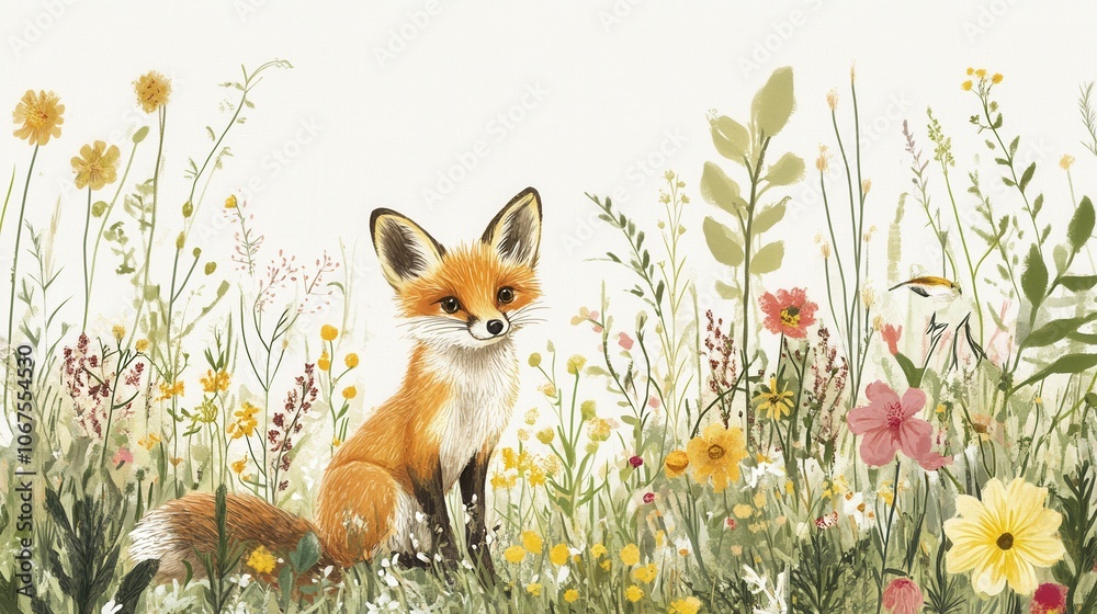 Wild flora and fauna illustration, showing diverse wildflowers, grasses, and small animals like foxes Wild flora and fauna illustration, showing diverse wildflowers, grasses, and small animals like foxes
