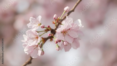 Soft focus cherry blossom branch with delicate pastel pink petals on a blurred background, background, petals