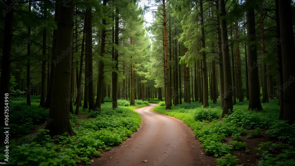 Obraz premium Winding path through a lush green forest filled with tall trees during a bright, overcast day, inviting exploration and tranquility in nature's beauty