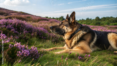 German Shepherd resting in a blooming meadow under a clear blue sky.