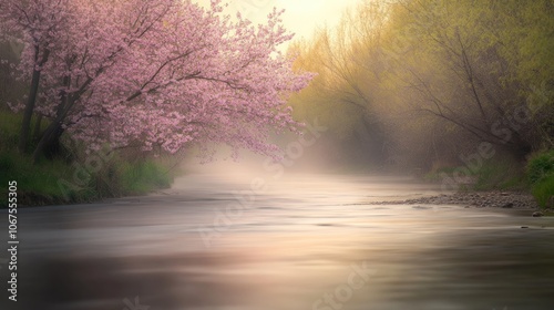 A misty river flows through a lush green forest, with a blooming cherry tree in the foreground.