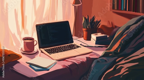 Work from home desk, featuring a laptop, notebook, and coffee mug, cozy and simple illustration