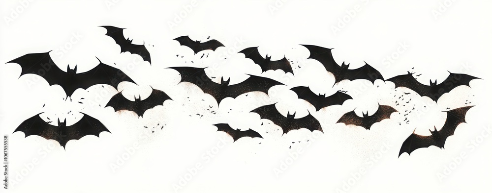 Fototapeta premium Flying bats group silhouettes background white.