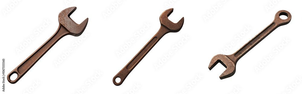 old rusty metal wrenches arranged on white isolated background transparent background old rusty metal wrenches arranged on white isolated background transparent background