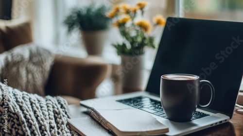 Work from home desk vector, featuring a laptop, notebook, and cup of coffee, cozy atmosphere