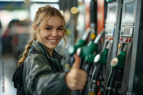 Cheerful Young Woman Giving a Thumbs Up at a Gas Station