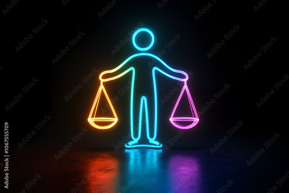 A dynamic neon outline of a figure juggling work-life balance with a scale in hand, set against a dark background. 