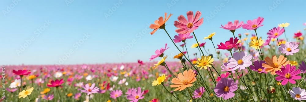 Vibrant cosmos flowers in full bloom spread across a vast field under a clear blue sky, summer, cosmos flowers Vibrant cosmos flowers in full bloom spread across a vast field under a clear blue sky, summer, cosmos flowers