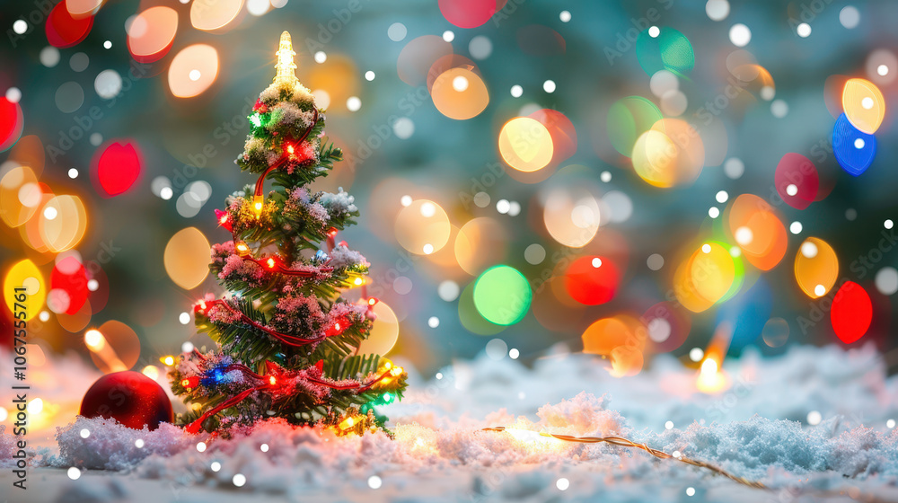 christmas tree with lights blurred background with snow christmas tree with lights blurred background with snow
