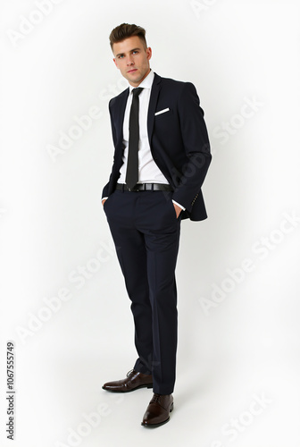 Full Body Male Model Isolated on a White Backdrop Wearing Classy Attire for a Magazine Photoshoot