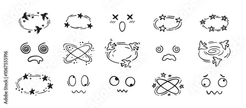 Dizzy effect drawing hand drawn doodle cartoon set. dizzy faces, birds and stars overhead emotions drawing.