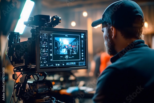 A director reviewing footage on a monitor during a video shoot, ensuring quality for a marketing campaign