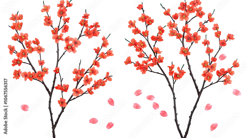 Fototapeta premium Sakura Blossom Branches With Falling Petals in Soft Pink Tones Generative AI