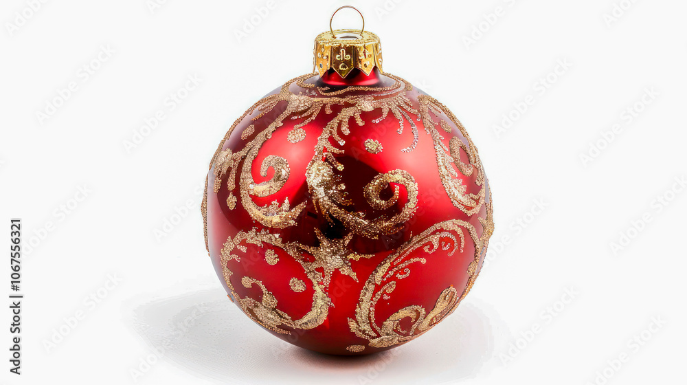 A red Christmas ornament with gold glitter designs sits on a white background A red Christmas ornament with gold glitter designs sits on a white background