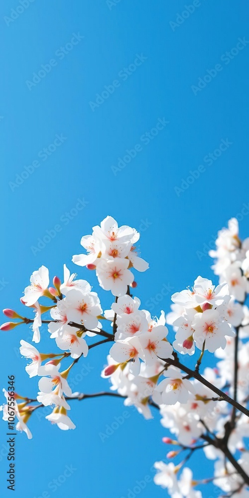 White cherry blossom blooms against a vibrant blue sky, symbolizing the beauty of spring, floral, landscape White cherry blossom blooms against a vibrant blue sky, symbolizing the beauty of spring, floral, landscape