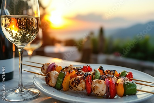 Grilled vegetable and chicken skewers on a plate with a glass of white wine, set against a beautiful sunset view, creating a relaxed and romantic dining atmosphere photo