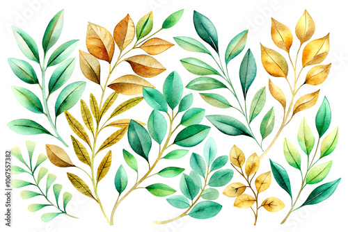 Watercolor set with green leaves and branches. Hand drawn illustration.