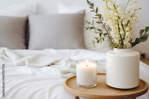 Scented candle furniture cushion bedroom. photo