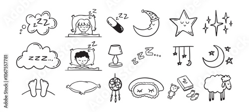 Hand drawn doodle Set of Sleep Related. Sleeping drawing icons