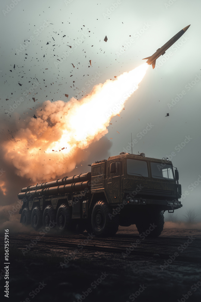 Fototapeta premium Missile launch from an anti-aircraft vehicle amidst rising smoke and flames
