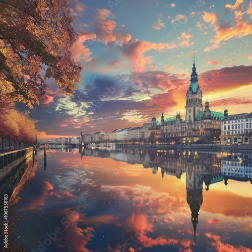 Germany, Hamburg, Alster lakes and Hamburg city hall  photo