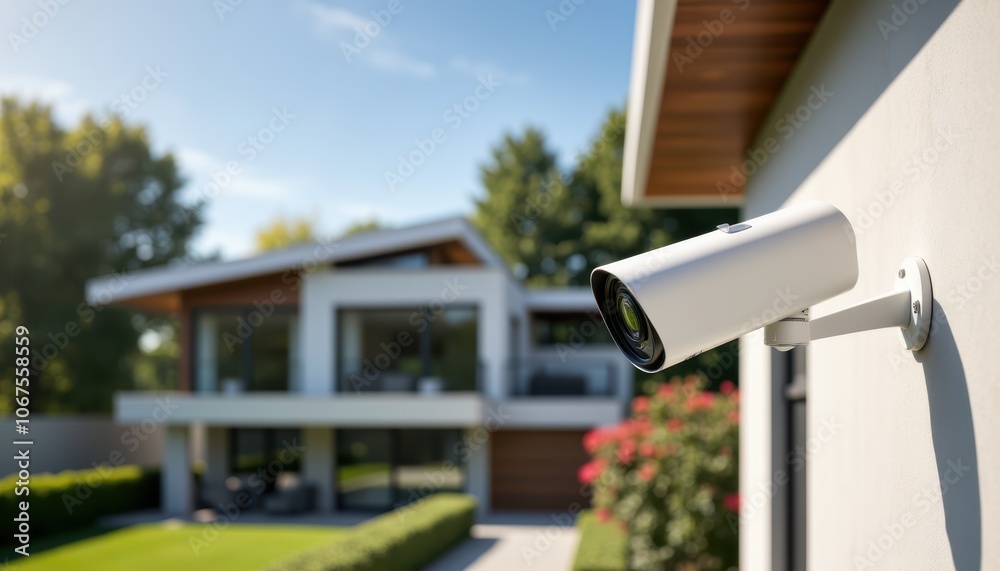 Modern home security camera on contemporary house with lush garden Modern home security camera on contemporary house with lush garden