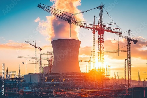 Wallpaper Mural Nuclear power plant under construction with large cooling tower and cranes, emitting steam at sunset, illustrating industrial progress and energy development Torontodigital.ca