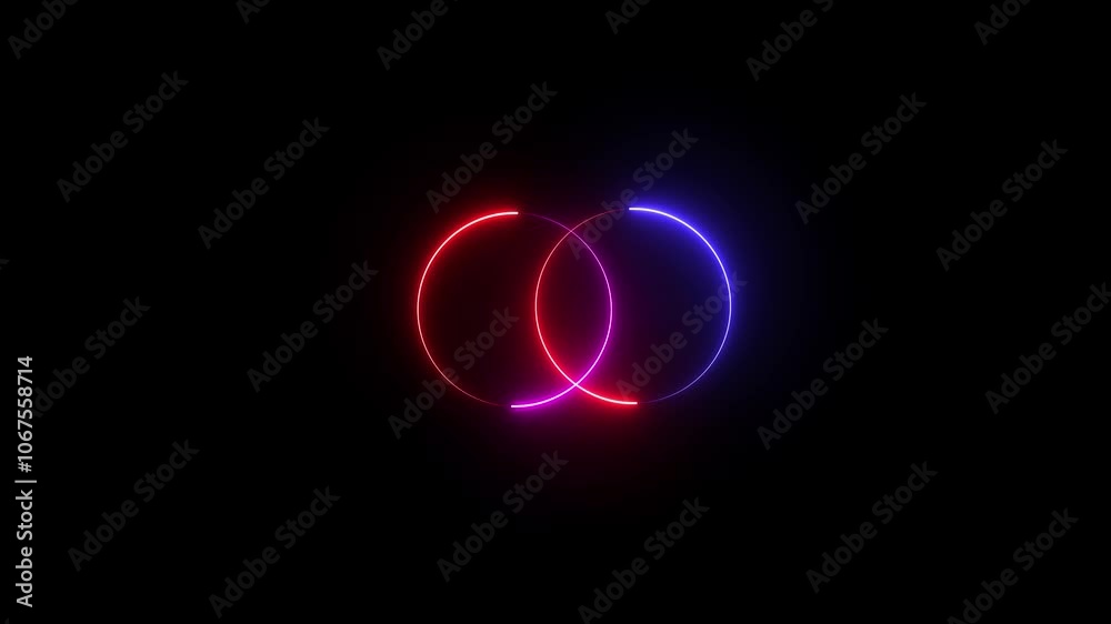 Two infinity glowing neon rings of colorful pink and purple o red circles intertwined and spinning infinity symbol or logo icon - looped Two infinity glowing neon rings of colorful pink and purple o red circles intertwined and spinning infinity symbol or logo icon - looped