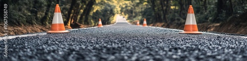 Road with orange traffic cones, forest background