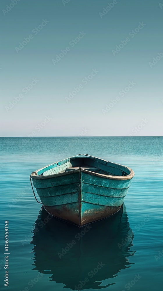Fototapeta premium Tranquil scene of minimalistic sustainable shipping boat on calm ocean waters