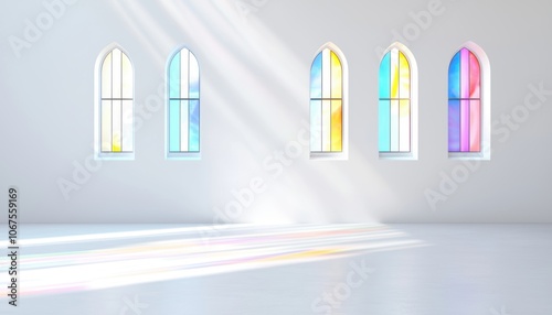 Sunlight streaming through stained glass windows in a historic cathedral, capturing the beauty and serenity of sacred spaces