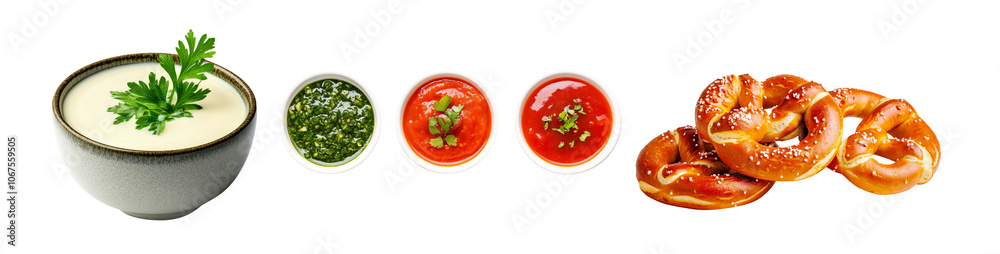 Freshly baked pretzels topped with salt, salsa and ranch sauce in bowl isolated on white transparent background. Concept of baked goods and snacks Freshly baked pretzels topped with salt, salsa and ranch sauce in bowl isolated on white transparent background. Concept of baked goods and snacks