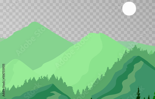 Mountains panorama png. Forest mountain range landscape, camping nature landscape landscape vector illustration. Forest rank landscape, panorama of the hill on transparent background.