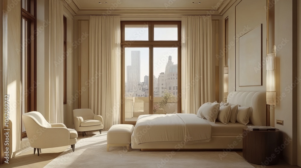 Fototapeta premium Modern Bedroom Interior with City View and White Furnishings