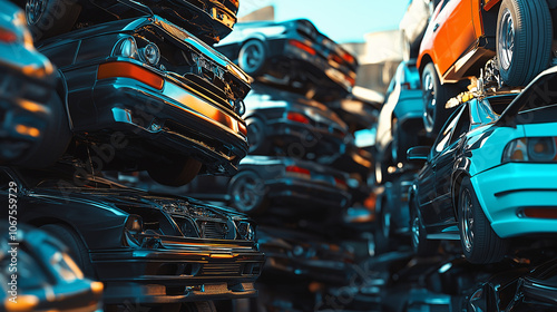 Stacked Cars in Junkyard Abandoned Vehicles Salvage Yard Automotive Parts Auto Wreckers Scrapped