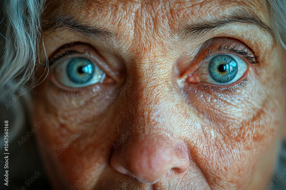 Close-up of older woman's expressive blue eyes with textured skin details Close-up of older woman's expressive blue eyes with textured skin details