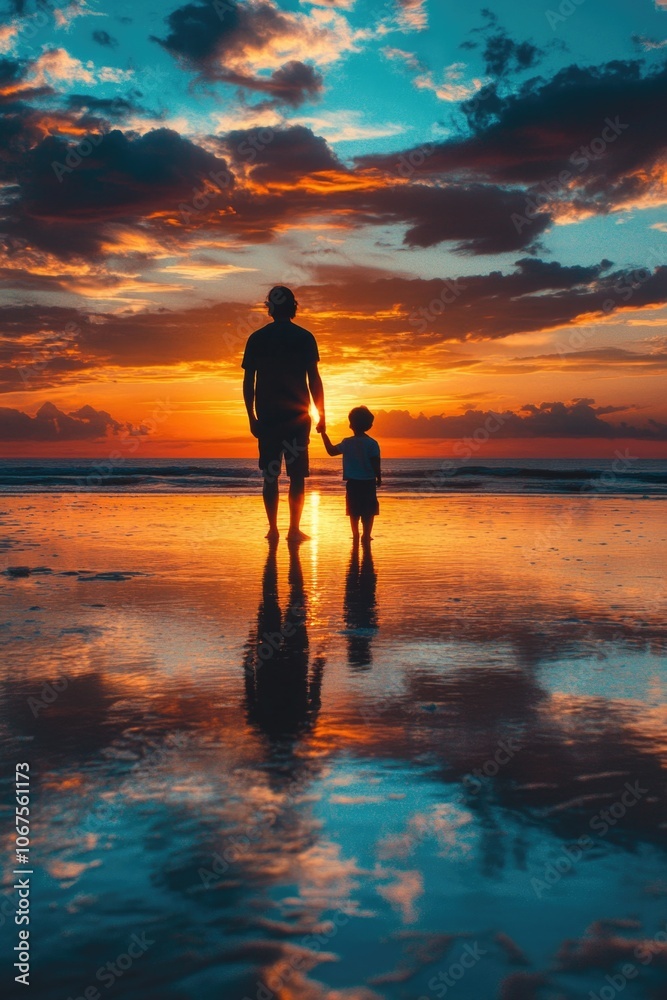 Man and Child Walking on Beach at Sunset Man and Child Walking on Beach at Sunset