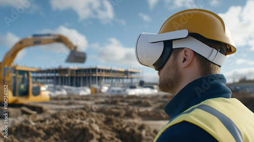 Construction Worker Using VR Headset on Building Site