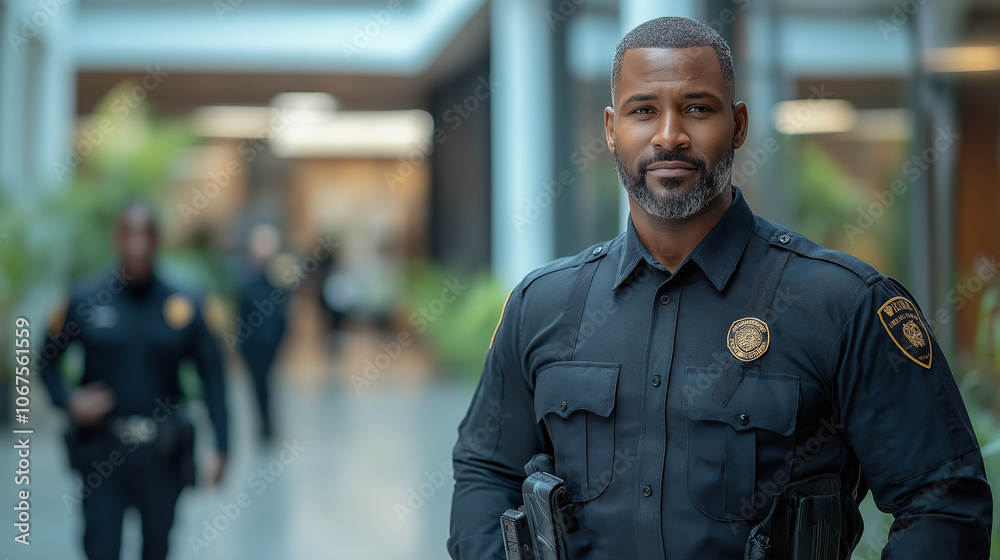 Security guards patrolling a modern office. Confident Police Officer in Tactical Gear