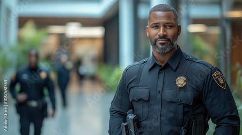 Security guards patrolling a modern office. Confident Police Officer in Tactical Gear