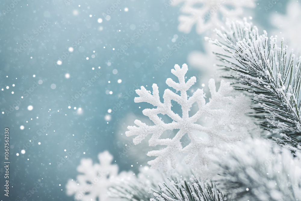 Ice snowflake and green spruce close-up on snow on blue background. Winter concept template for Christmas, New Year and sale season. Postcard and flyer with place for text