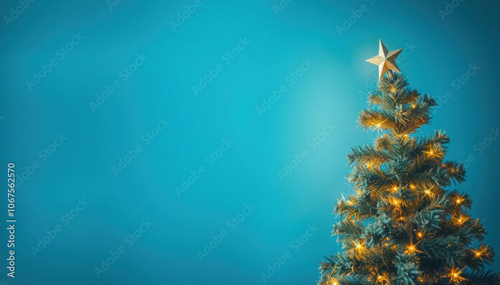 serene blue background features beautifully decorated Christmas tree with sparkling lights cascading down its branches. soft, glowing lights create magical, festive ambiance, perfect for holiday
