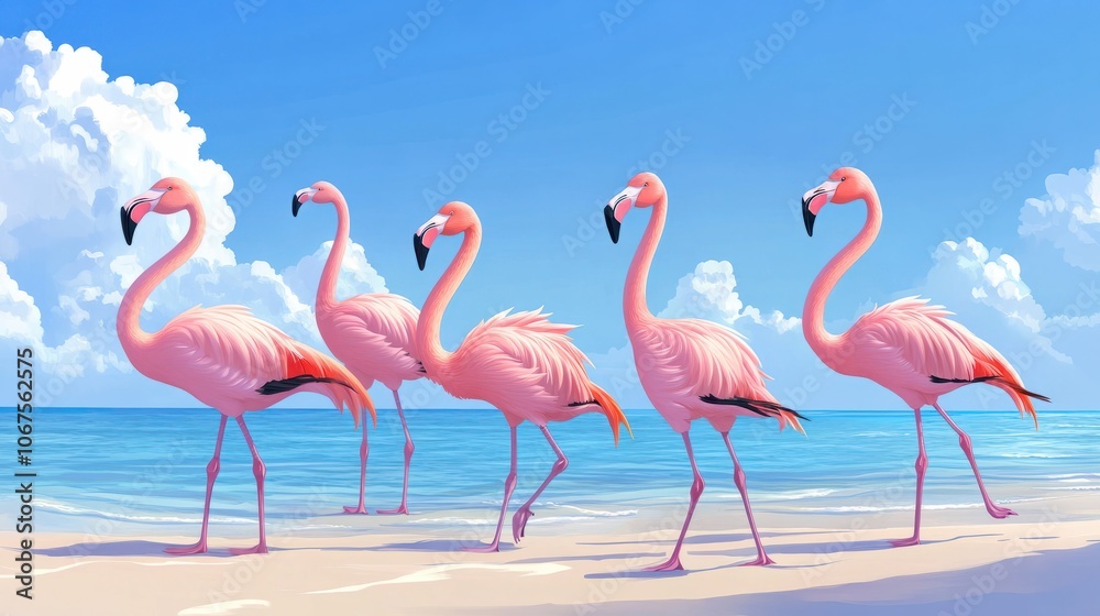 Obraz premium Wild african birds. Group birds of pink african flamingos. walking around the blue lagoon on a sunny day