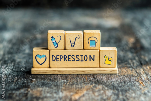 Wooden block with the word "depression" written on it, set against a neutral background.