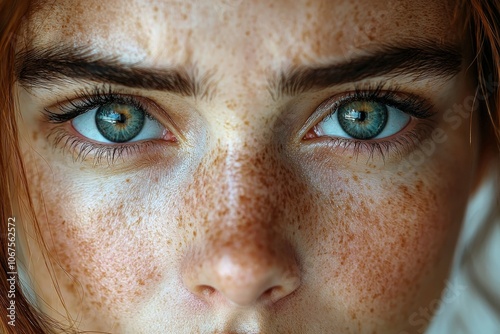 Close-up of freckled woman staring with intense blue eyes