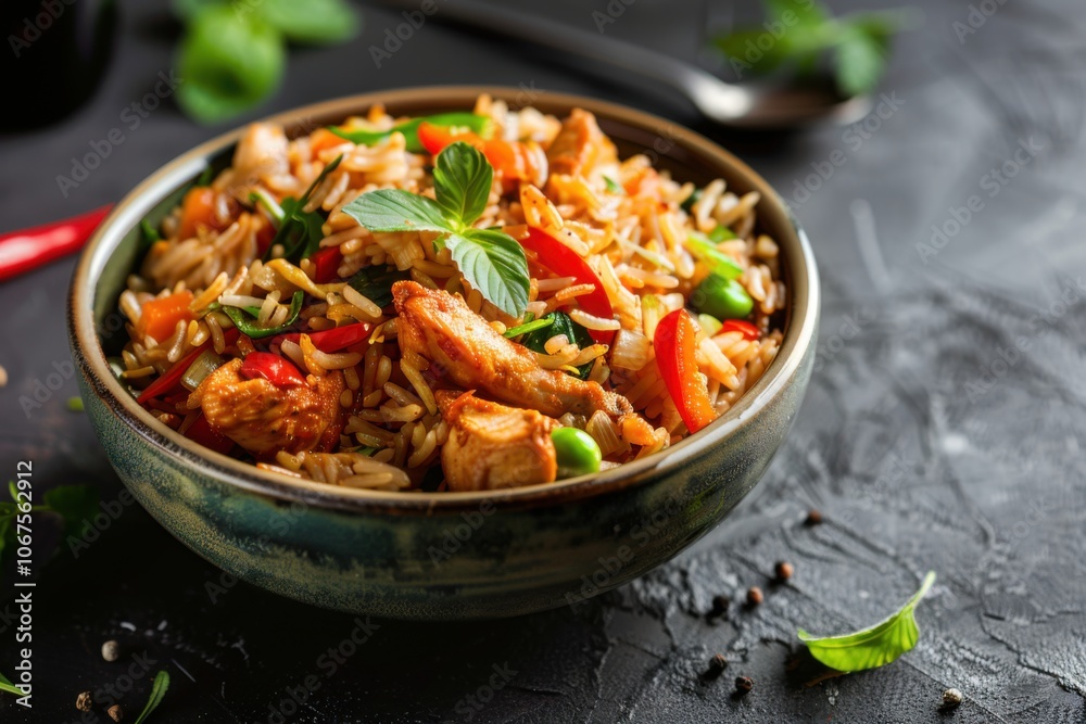A bowl of Sri Lankan chicken fried rice with vegetables, copy space for text A bowl of Sri Lankan chicken fried rice with vegetables, copy space for text