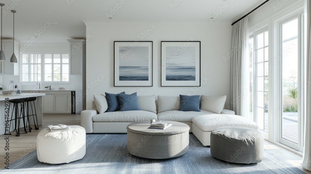 Modern Living Room with Sectional Sofa, Two Ottomans and Blue Rug Modern Living Room with Sectional Sofa, Two Ottomans and Blue Rug