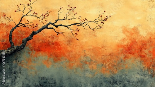 A single bare tree branch with red berries against a colorful, textured background.