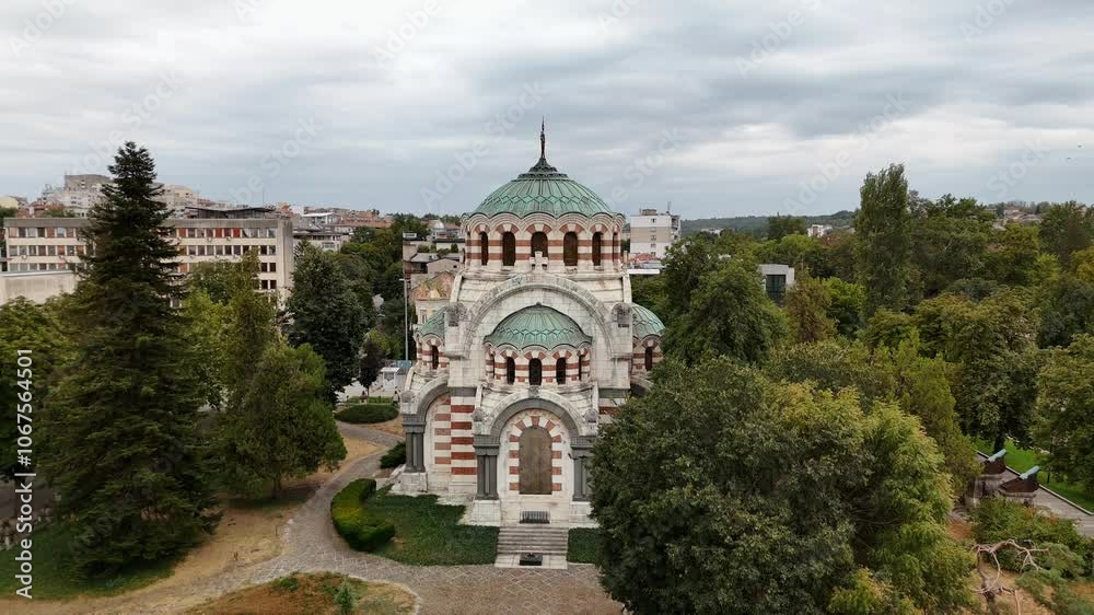 Drone pullback view of the facade of chapel-mausoleum Drone pullback view of the facade of chapel-mausoleum